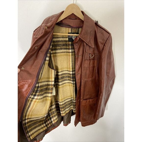 Vintage Rice Sports Wear 70s Men 42 Brown Leather Hipster Mod Disco Plaid Coat - Picture 7 of 12